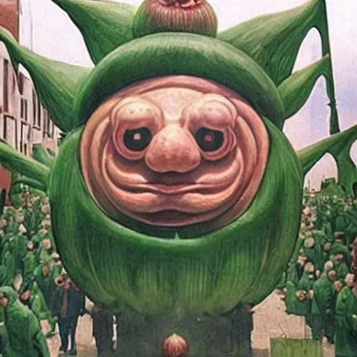 Image similar to Lovecraftian Giant Onion worshipped by a cult, communist propaganda