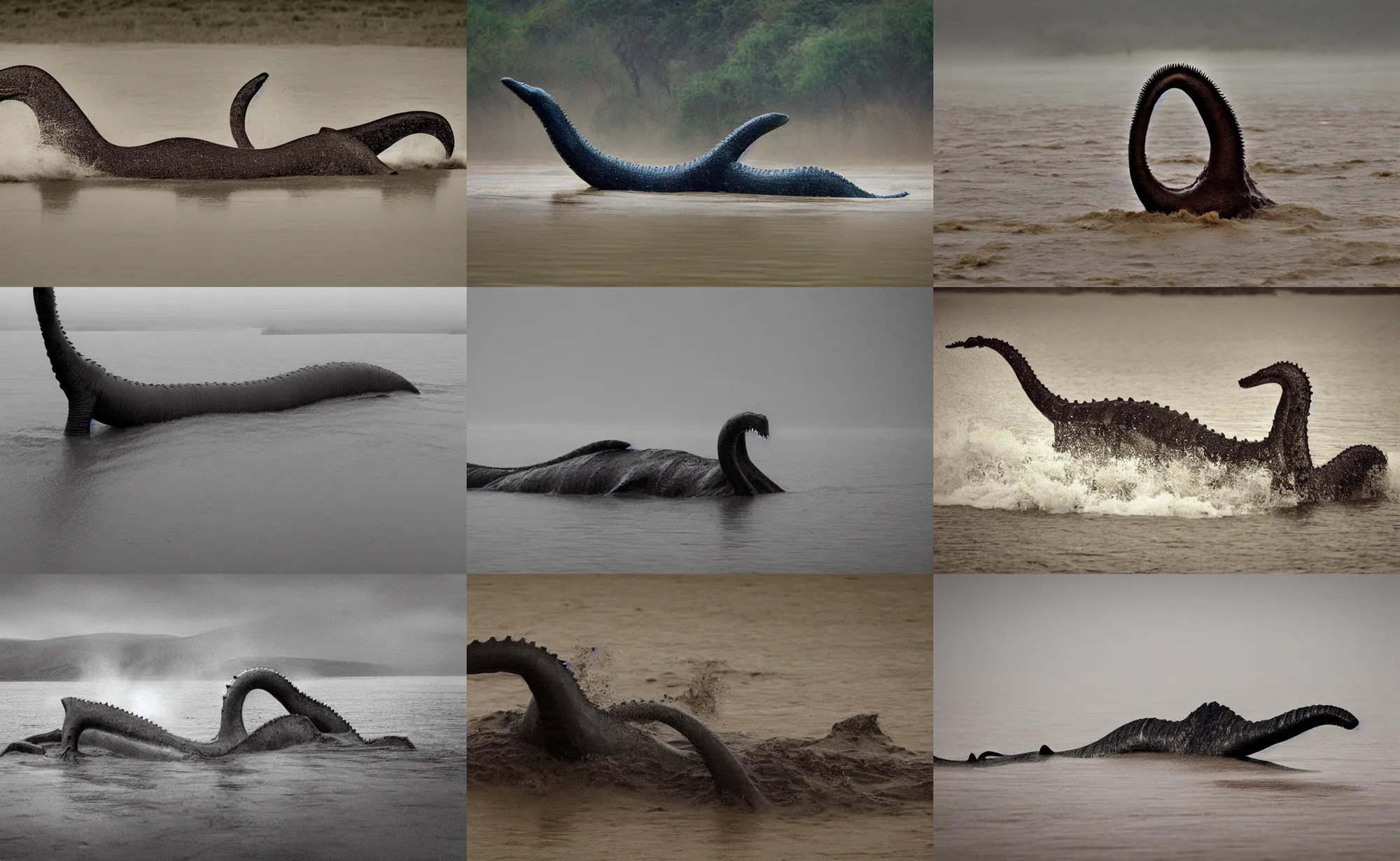 Prompt: nature photography of the loch ness monster, a plesiosaur, in flood waters, african savannah, rainfall, muddy embankment, fog, digital photograph, award winning, 5 0 mm, telephoto lens, national geographic, large eyes