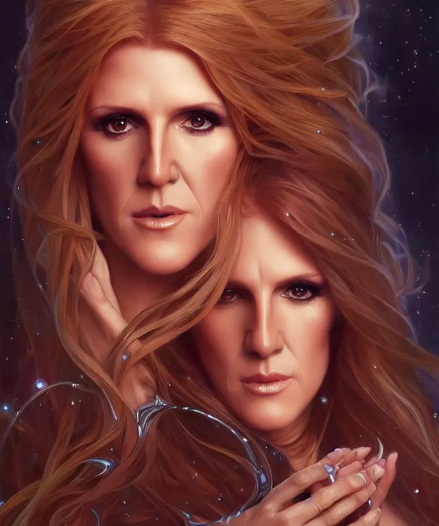 Image similar to Celin Dion as a fantasy magic woman portrait, sci-fi, amber eyes, face, long hair, fantasy, intricate, elegant, highly detailed, digital painting, artstation, concept art, smooth, sharp focus, illustration, art by artgerm and greg rutkowski and alphonse mucha