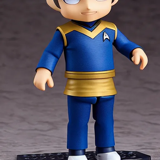 Image similar to spock from the tv series star trek, serious look, pointed ears, spock haircut, as an anime nendoroid, starfleet uniform, detailed product photo