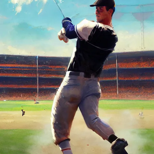 Image similar to baseball player hitting the ball with the baseball bat in the middle of the game and in front of everyone in the stadium, james gurney painting style, greg rutkowski, artstation