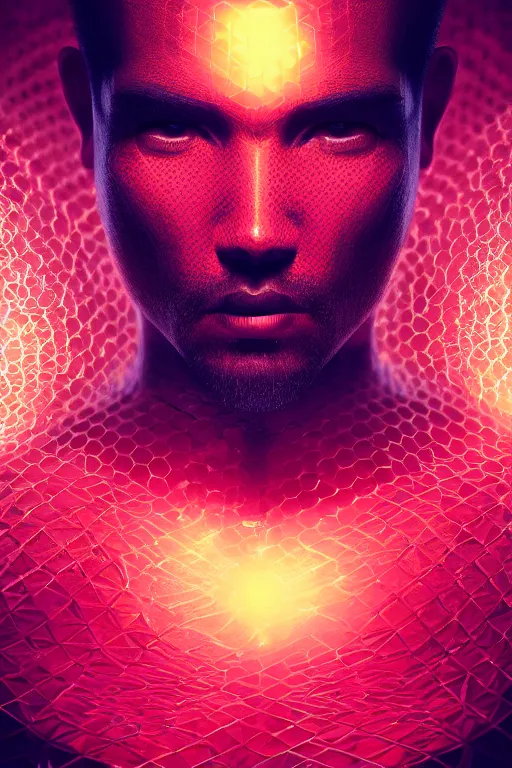 Image similar to fantasy portrait of a man, red intricate hexagons, glow, cinematic, abstract, wlop, artgerm, octane render