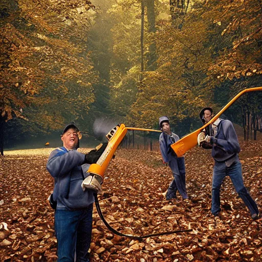 Image similar to men with leaf blowers fighting the falling leaves in a forest, detailed face, by Steve McCurry and David Lazar, CANON Eos C300, ƒ5.6, 35mm, 8K, medium-format print