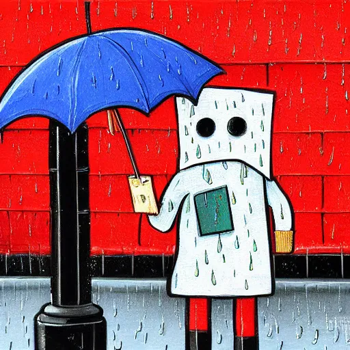 Prompt: detailed painting of paperbag head person standing at a bus stop, comic style, holding a red umbrella, glossy from rain, rain details, street filled with water, muted fall color palette,