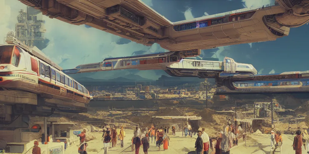 Prompt: concept art monorail shonan in martian landscape, brutalism, colorful, syd mead, norman rockwell, isamu imakake, 4 k resolution, octane render, intricate, ultra detailed, medium full shot, volumetric lighting, cinematic lighting + masterpiece,