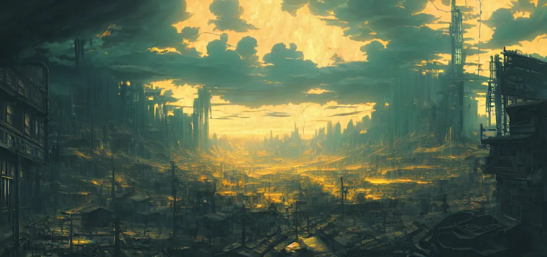 Image similar to baroque oil painting of anime key visual environment of a hell in a cyberpunk world, brutalist, dark fantasy, sunset, rule of thirds, digital cel shading, fake hidden detail, trending on pixiv fanbox, style of makoto shinkai studio ghibli jamie wyeth james gilleard greg rutkowski