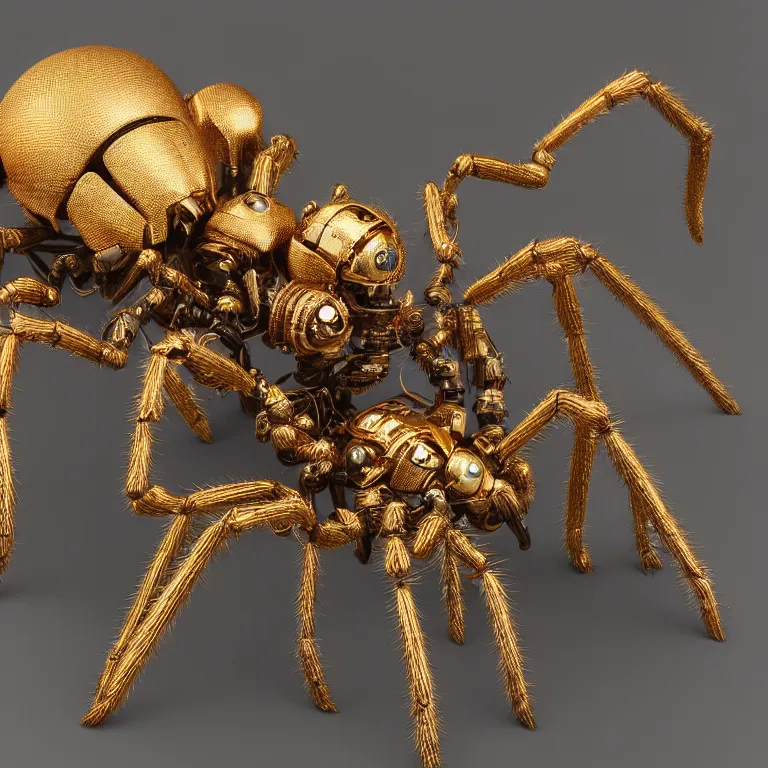 Image similar to beautiful steampunk robotic spider inspired, unreal engine realistic render, high detailed face, photorealism, golden ratio, hyper - realistic 3 d, insanely super detailed, realistic octane render, 1 6 k, fashion photography, micro detail, backlit lighting, subsurface scattering, thin porcelain