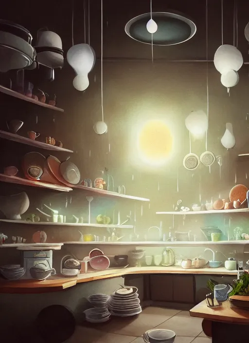 Image similar to high depth, collective civilization kitchen, calm, healing, resting, life, hybrids, scifi, soft white glowing lights, published concept art, art in the style of all and none and everything and infinity, clowdy day