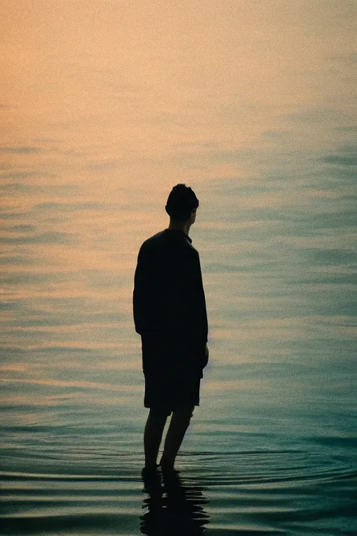 Image similar to agfa vista 4 0 0 photograph of a guy walking on water, back view, synth vibe, vaporwave colors, lens flare, moody lighting, moody vibe, telephoto, 9 0 s vibe, blurry background, grain, tranquil, calm, faded!,