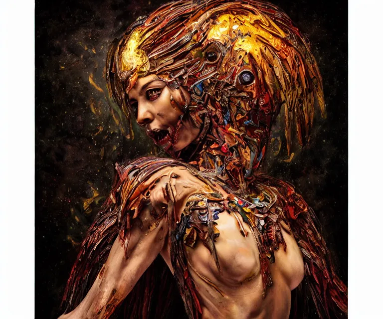 Prompt: “ beautiful humanoid female warrior, eviscerated, no skin, extra arms, wings, dripping with massively powerful energy, devouring crayola crayons, stunning scene, victorian, hellenistic, marble elements, in the style of anato finnstark, 1 6 k, photorealistic, perfect lighting, perfect shading, sharp focus, masterpiece, peak experience ”