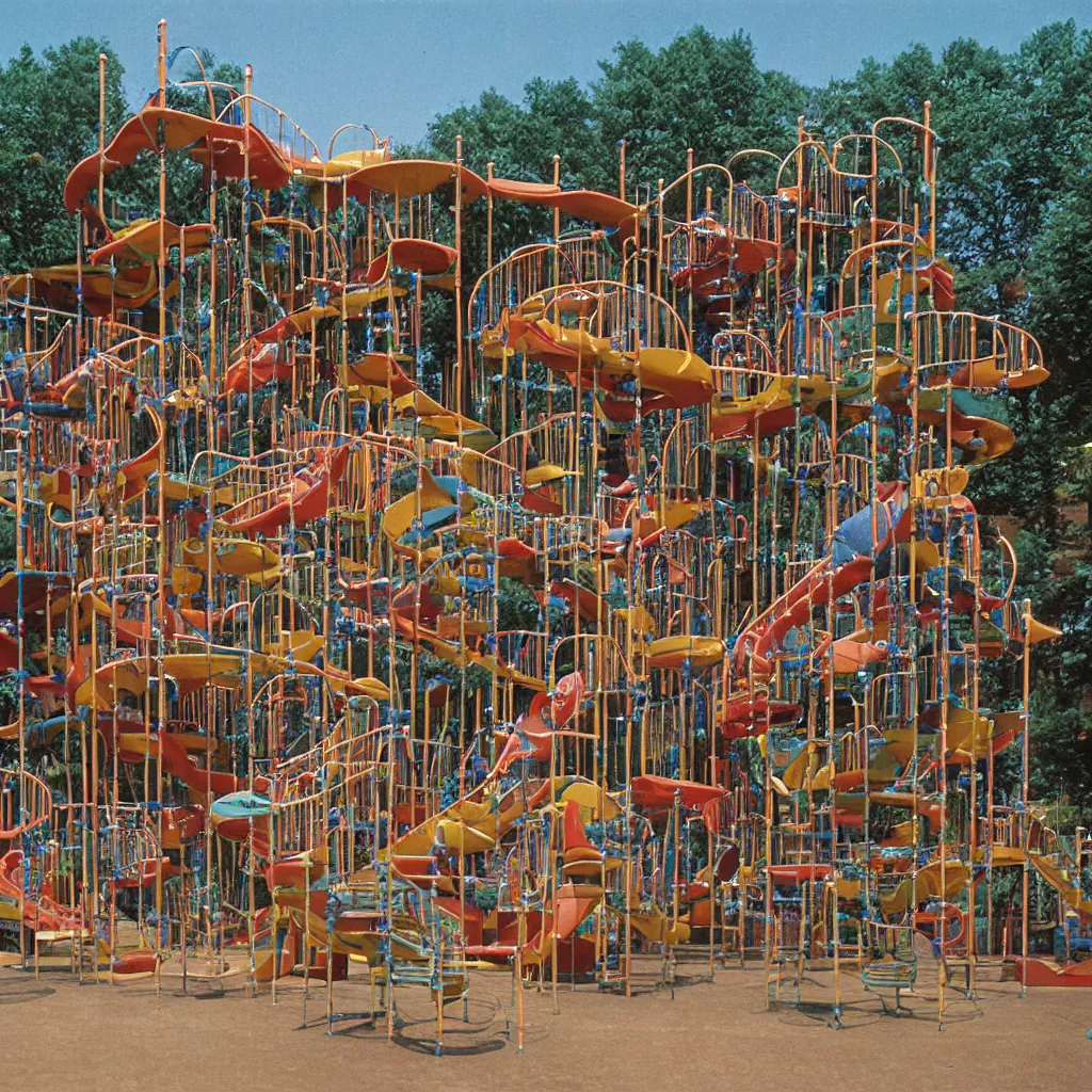 Image similar to full - color 1 9 7 0 s photo of a vast incredibly - large complex very - dense tall many - level playground in a crowded schoolyard. the playground is made of wooden planks, rubber tires, metal bars, and ropes. it has many spiral staircases, high bridges, ramps, balance beams, and metal tunnel - slides.