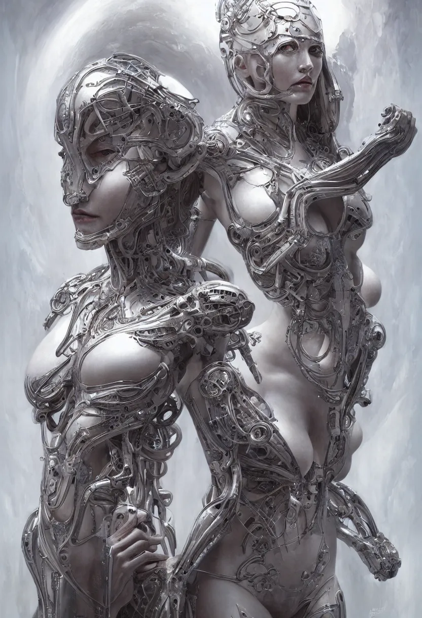 Image similar to beautiful white cyborg goddess, by william - adolphe bouguereaum artgerm and hr giger and zdzislaw beksinski, matte painting, hyperdetailed, symmetry, art nouveau, beautiful render, concept art