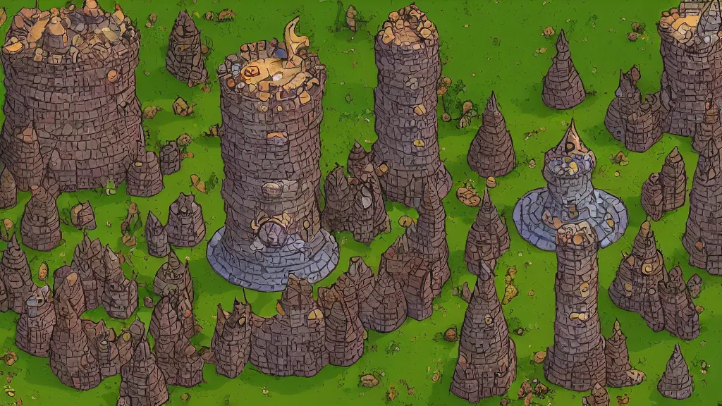 Image similar to aerial view of a wizard tower that's surrounded by resources, lineart from a resource gathering game