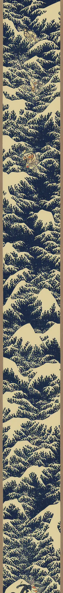 Prompt: man snowboarding carving tracks woodblock print, style of hokusai, fine art, style of kanagawa, winter painting