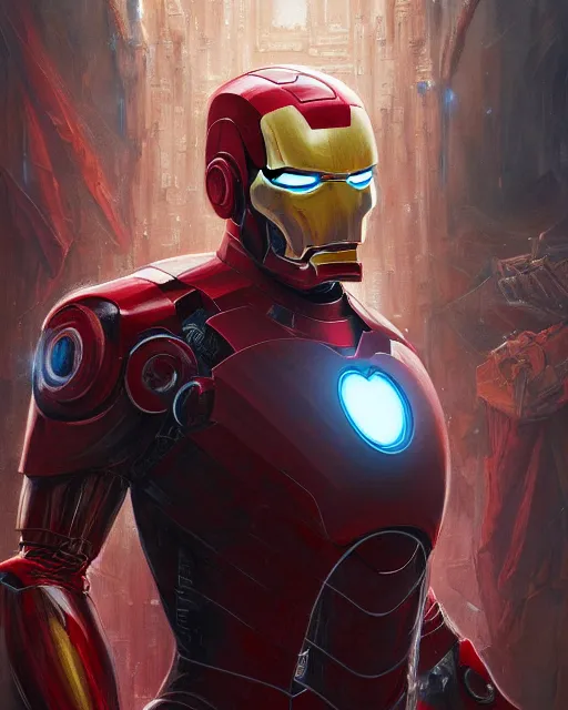 Image similar to a highly detailed portrait of a sinister Donald Trump as Iron Man, evil pose, by greg rutkowski and android jones in a surreal portrait style, oil on canvas, ancient cyberpunk 8k resolution, masterpiece