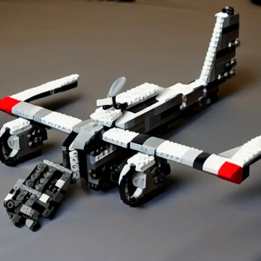 Image similar to a military drone made of legos, realistic photography, high detailed