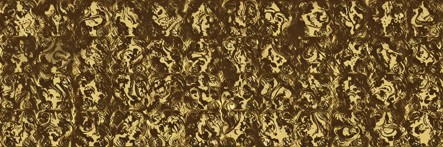 Image similar to seamless damask pattern of beautiful cybernetic baroque robot, beautiful baroque metallic face + body is clear plastic, inside organic robotic tubes and parts, damask pattern, front facing, wearing translucent baroque rain jacket, carved polished gold rococo panel + symmetrical composition + intricate details, hyperrealism, wet, reflections + by alfonse mucha, no blur