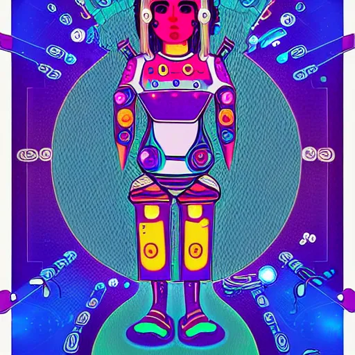 Image similar to portrait of a future metaverse cyborg tech shaman warrior, 2D cartoon, flat cartoony, visionary art, symmetric, Magick symbols, holy halo, shipibo patterns, sci-fi, adventure time character style