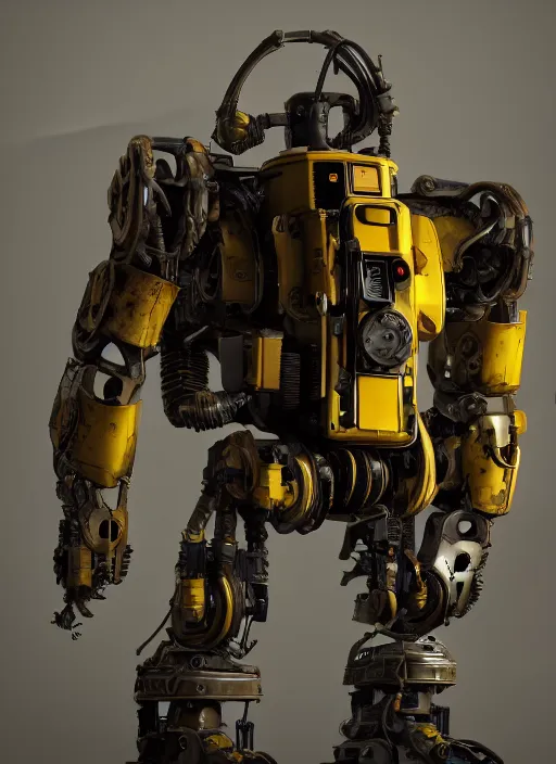 Image similar to a photorealistic dramatic hyperrealistic render of a futuristic exosuit power loader heavy machinery, ultra realistic details, glossy yellow, well worn, rust, oil stains by vitaly bulgarov and mike nash, beautiful dramatic dark moody tones and lighting, cinematic atmosphere, studio lighting, global illumination, shadows, dark background, octane render, 8 k