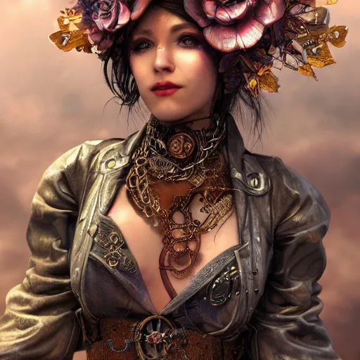 Image similar to Photorealistic steampunk goddess. Hyperdetailed photorealism, 108 megapixels, amazing depth, glowing rich colors, powerful imagery, psychedelic Overtones, 3D finalrender, 3d shading, cinematic lighting, artstation concept art