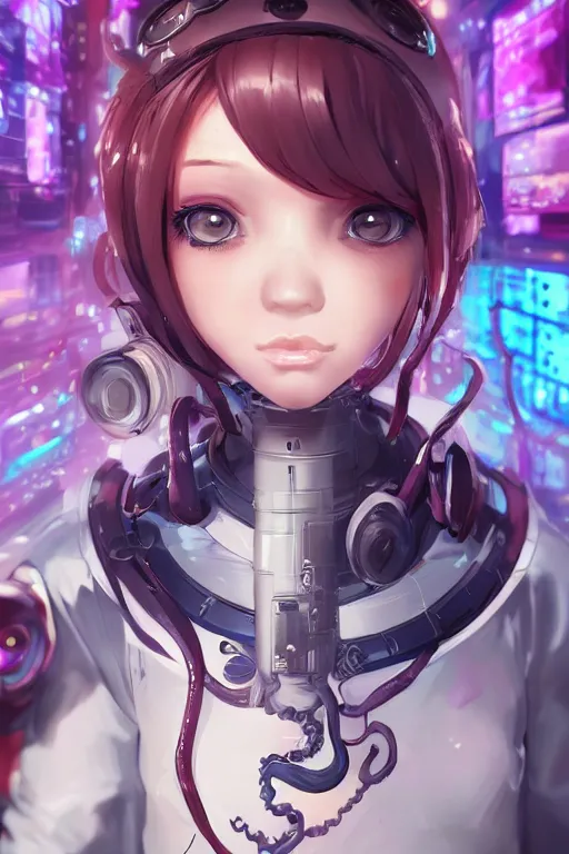 Image similar to a cute cyberpunk android maid girl cooking octopus, character art portrait, anime key visual, official media, illustrated by wlop, extremely detailed, 8 k, trending on artstation, cinematic lighting, beautiful,