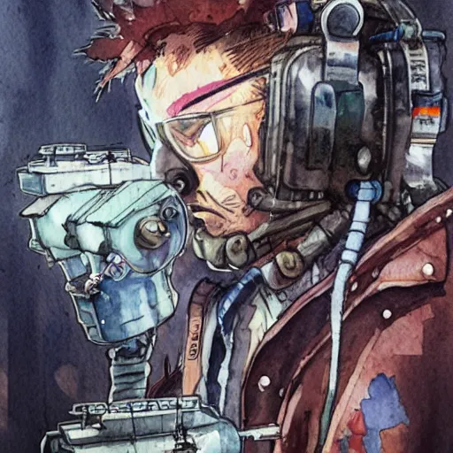 Image similar to watercolor of a cyberpunk mechanic, realistic, detailed, Industrial Scifi, in the style of Ashley Wood and Moebius