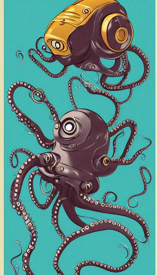 Prompt: 1 9 5 0 s retro future robot android octopus. muted colors. by wayne pennington