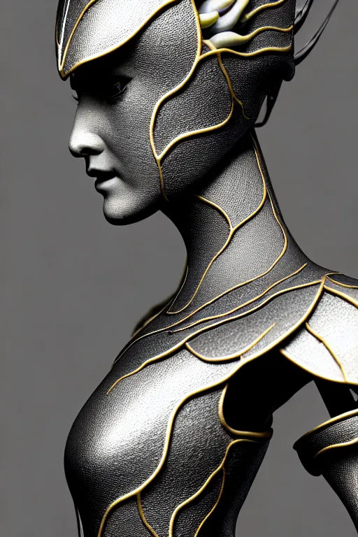 Image similar to monochrome close - up profile face, black background, beautiful young porcelain bio - mechanical vegetal - dragon - cyborg - female, white metallic armour, silver gold details, magnolia leaves and stems, roots, mandelbot fractal, 1 5 0 mm, beautiful natural soft rim light, elegant, hyper real, ultra detailed, octane render, 1 6 k