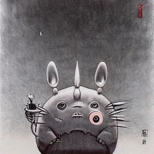 Prompt: Creepy Totoro full of blood, eating, Studio Ghiblo, Zdzisław Beksiński