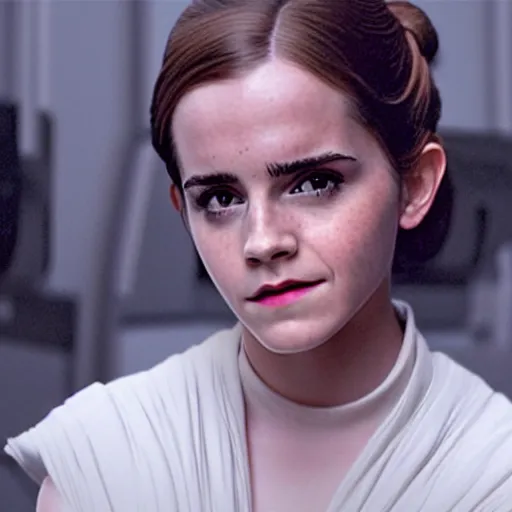 Prompt: A still of Emma Watson in Star Wars movie as Leia