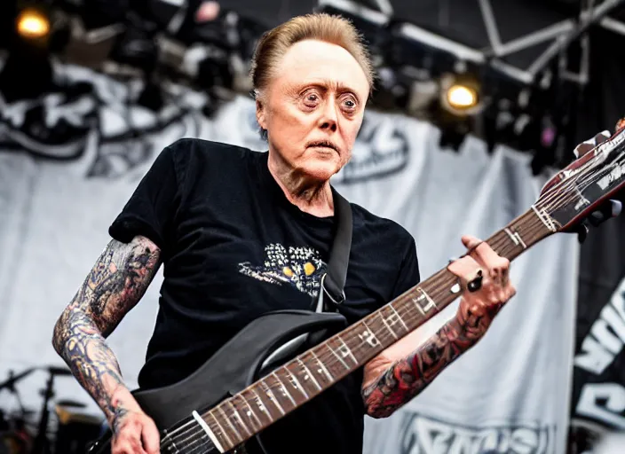 Image similar to photo still of christopher walken on stage at vans warped tour!!!!!!!! at age 5 5 years old 5 5 years of age!!!!!!! shredding on guitar, 8 k, 8 5 mm f 1. 8, studio lighting, rim light, right side key light