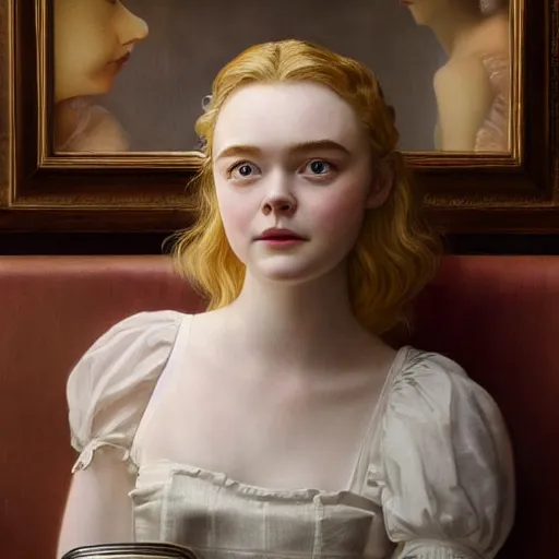 Image similar to Elle Fanning at a diner, head and shoulders portrait, stormy weather, extremely detailed masterpiece, Roger Deakin’s cinematography, oil on canvas, Da Vinci,