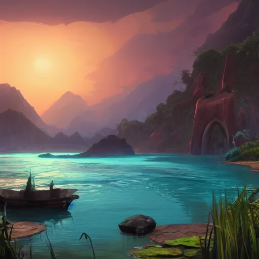Image similar to matte painting of a beautiful lagoon from Uncharted games by Jordan Grimmer and Ken Sugimori, Trending on Artstation, digital Art, Octane Render, Pokemon anime, at dusk!!
