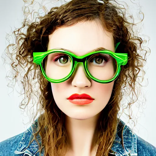 Prompt: A 35mm photograph of a female model wearing Avocado inspired glasses, highly detailed, studio lighting