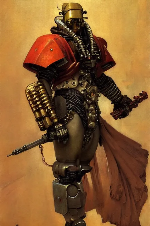 Image similar to full character portrait max mad cyberpunk warhammer 4 0 k, tech priest not the girl with the pearl earring character design, painting by gaston bussiere, katsuya terada, wyeth, craig mullins, hiroshi yoshida, ( ( ( ( ( vermeer ) ) ) ) ), frank frazetta, mucha, tom of finland, trending on artstation