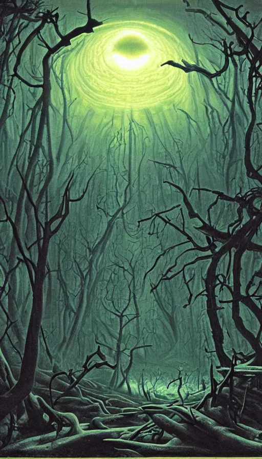 Image similar to a storm vortex made of many demonic eyes and teeth over a forest, by david a. hardy