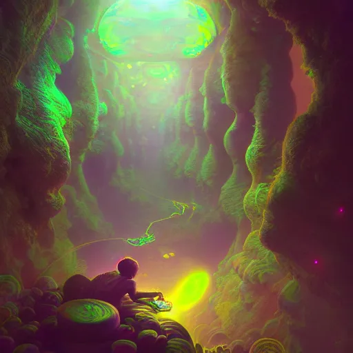 Image similar to a psychedelic being living in an extradimensional reality, in the style of wlop, illustration, epic, fantasy, hyper detailed, smooth, unreal engine, sharp focus, ray tracing, physically based rendering, renderman, beautiful