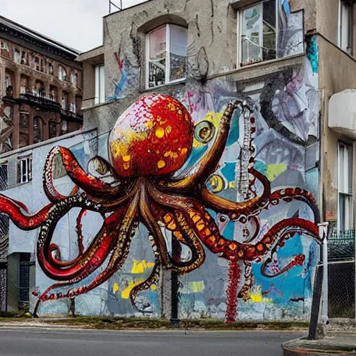 Prompt: octopus street graphitti, tentacles, by bordalo ii and artur bordalo