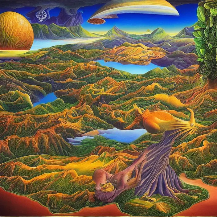 Prompt: An adult coloring page of a surreal dreamscape by Vladimir Kush