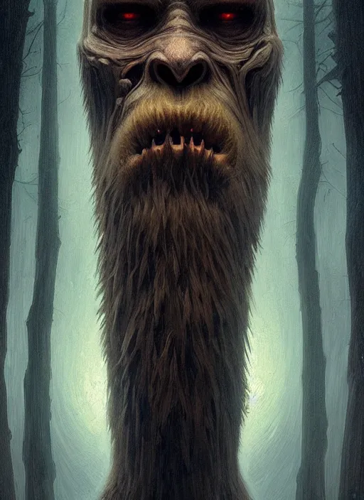 Image similar to symmetry!! portrait of scary bigfoot, horror, moody lights!! intricate, scary, highly detailed, digital painting, artstation, concept art, smooth, sharp focus, illustration, art by artgerm and greg rutkowski and alphonse mucha