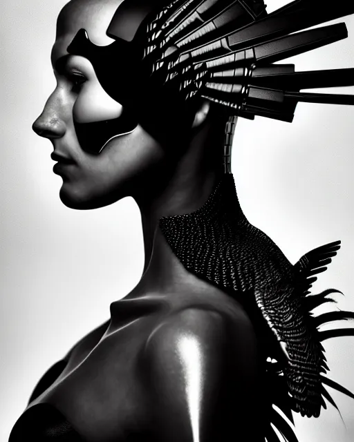 Image similar to a profile portrait, a stunning young woman - cyborg with a mutant crow head, editorial photography, bw, by roman sustov, shot on 7 0 mm, depth of field, f / 2. 8, high contrast, 1 6 k, volumetric lighting, shiny, insanely detailed and intricate, hypermaximalist, elegant, ornate, hyper realistic, super detailed