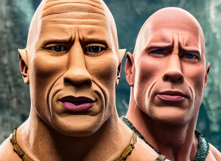 Image similar to film still of dwayne the rock johnson as pinocchio in the new pinocchio movie, 4 k, puppet boy, long nose, wooden, highly detailed face, detailed eyes