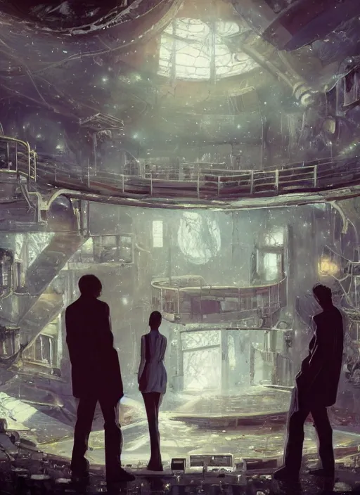 Prompt: wedding in an abandoned derelict space station, Rendering of a cinematic beautiful closeup moment of enemies standing facing away from each other, Pensive Lonely, full of details, by Makoto Shinkai and thomas kinkade, Matte painting, trending on artstation and unreal engine Martin Aitchison,Robert Ayton,John Berry,Frank Hampson,Robert Lumley,William Murray, B.H. Robinson, Gerald Whitcomb,Harry Wingfield, Eric Winter, Sep. E. Scott