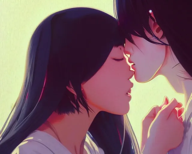 Image similar to two girls kissing | very very anime!!!, fine - face, audrey plaza, realistic shaded perfect face, fine details. anime. realistic shaded lighting poster by ilya kuvshinov katsuhiro otomo ghost - in - the - shell, magali villeneuve, artgerm, jeremy lipkin and michael garmash and rob rey