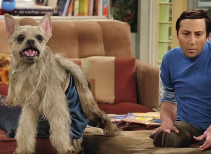 Prompt: a film still of a dog yoda in sitcom big bang theory