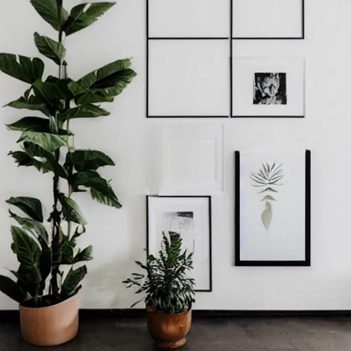 Image similar to a minimalist boho mockup photo with large blank frame, in a white studio, white walls, trending on pinterest and etsy