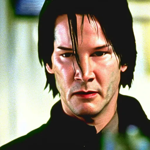 Prompt: movie still from the matrix ( 1 9 9 9 ) of keanu reeves eating a snickers bar