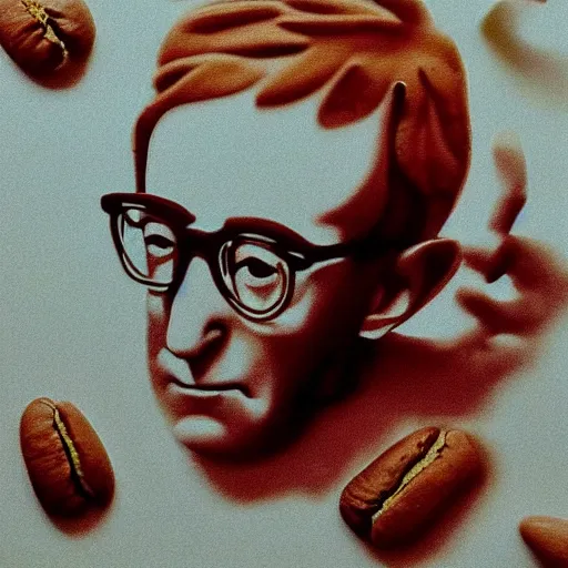 Image similar to coffee art of Woody Allen, food photography