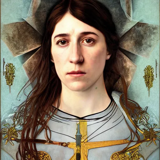 Image similar to portrait of charlotte gainsbourg as joan of arc, hyperreal digital painting, iconography influenced by alphonse mucha and eugene delacroix, arstation and deviantart trends, high resolution 8 k