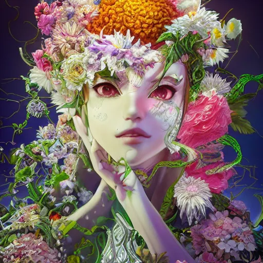 Prompt: the portrait of an super beautiful, graceful, mega elegant, sophist, young teen anime monster made up of flowers looking up, an ultrafine hyperdetailed illustration by kim jung gi, irakli nadar, intricate linework, bright colors, octopath traveler, final fantasy, unreal engine 5 highly rendered, global illumination, extremely radiant light, detailed and intricate environment